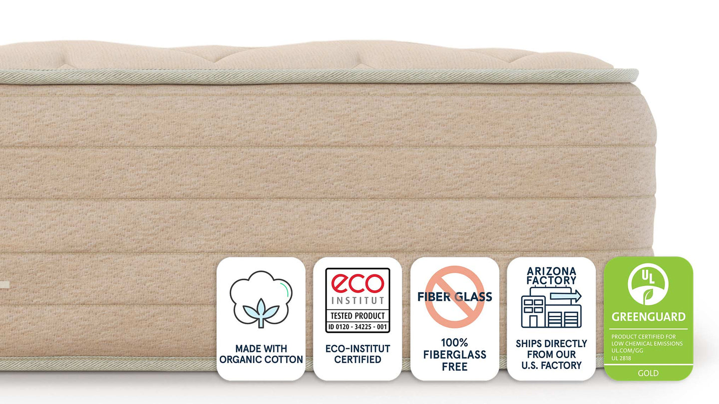 Bear Natural mattress side edge with certification badges including organic cotton, eco-INSTITUT, GREENGUARD