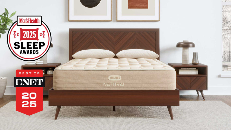 Bear Natural mattress with Best of CNET and Men's Health Sleep Awards badges. 